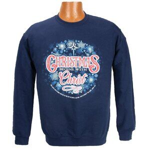 Christmas Begins With Christ, Crew Neck Sweatshirt, Blue, X-Large - Brand New